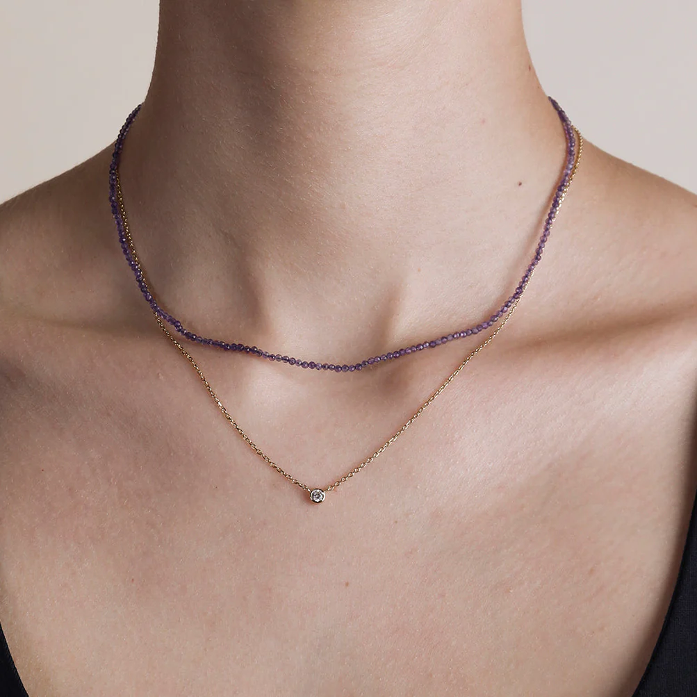Amethyst February Beaded Necklace in Solid Gold - Image 3