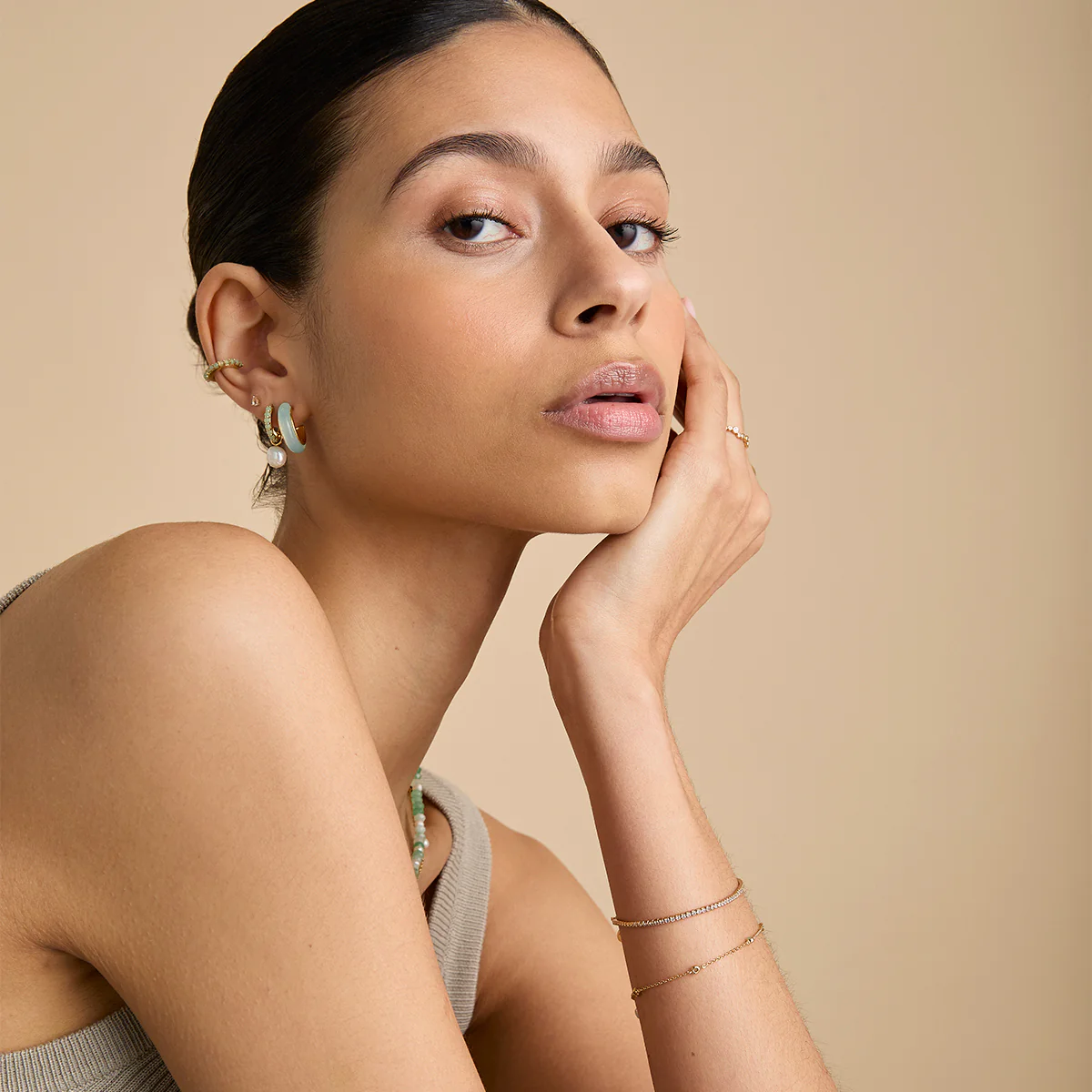 Aqua Chalcedony Carved Dome Hoops in Gold - Image 5