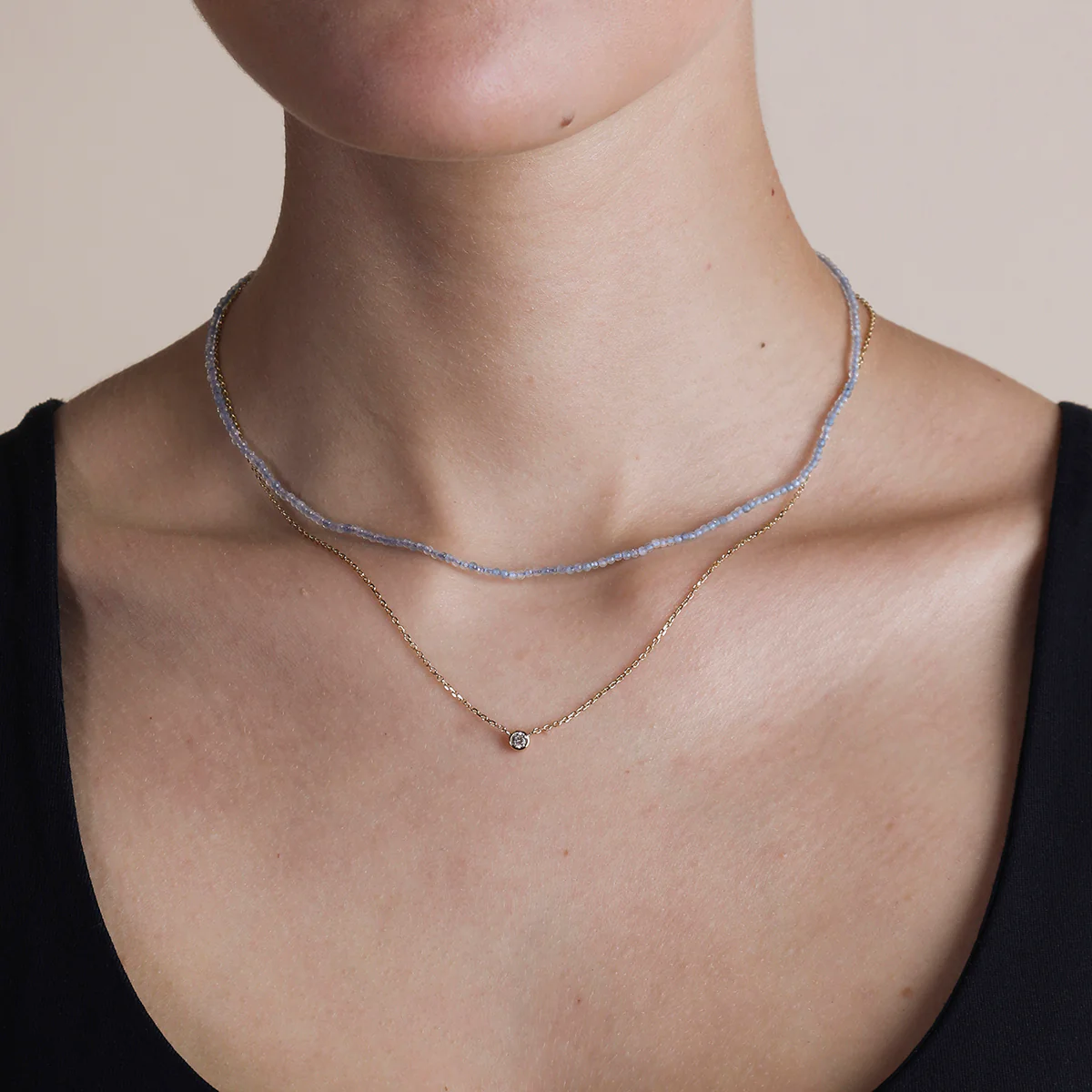 Aquamarine March Beaded Necklace in Solid Gold - Image 3