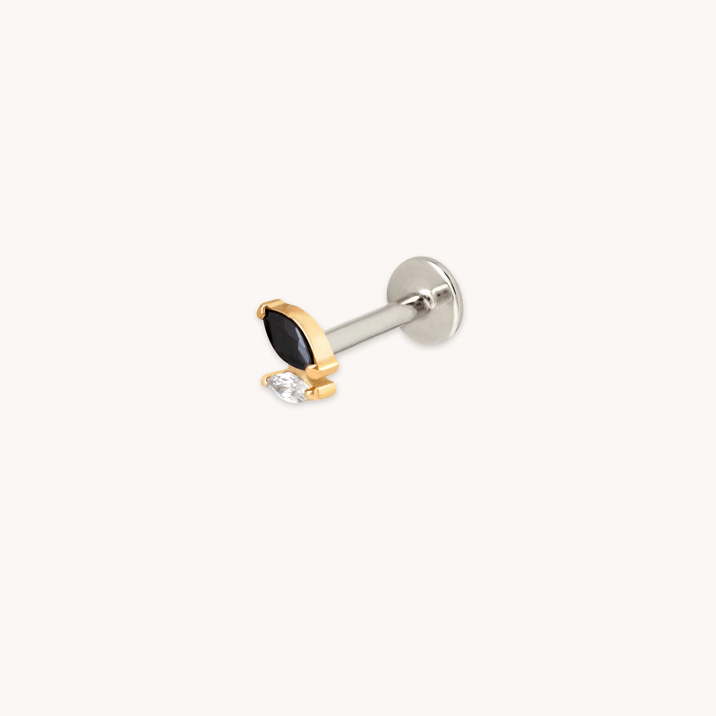 Black Crystal Double Marquise Titanium Piercing Stud in Gold