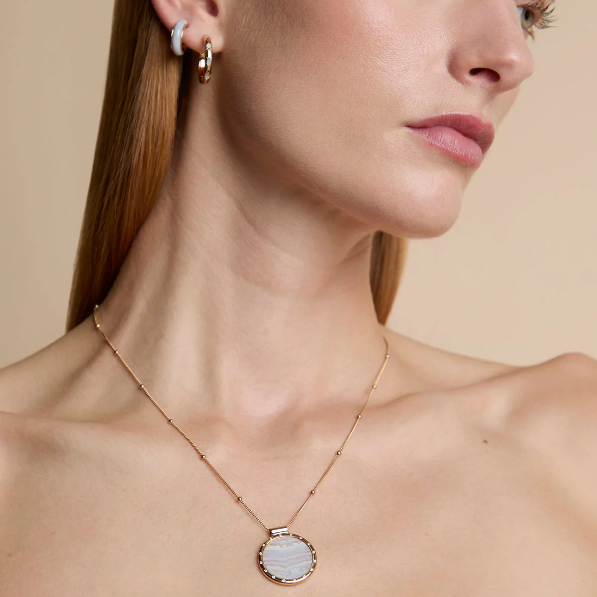 Blue Lace Agate Pendant Necklace in Gold - Image 5