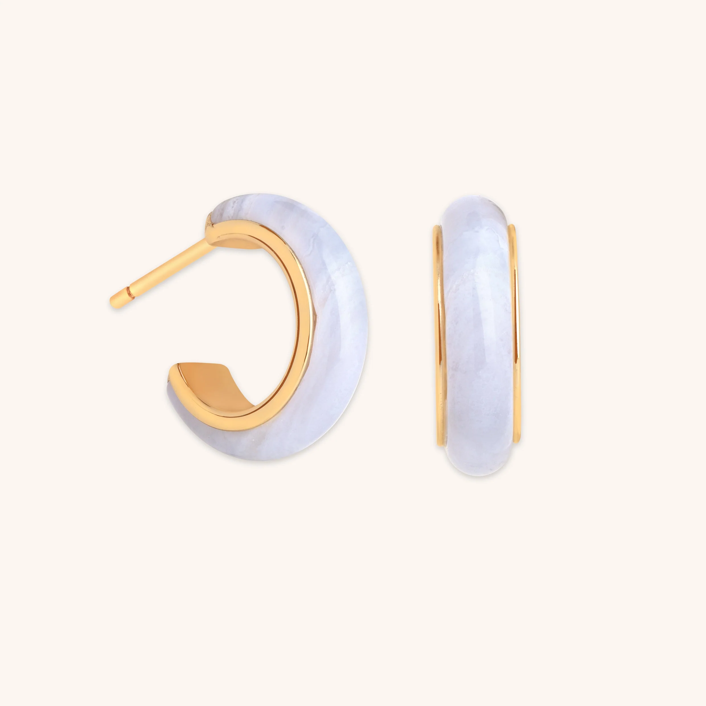 Blue Lace Agate Stone Hoops in Gold