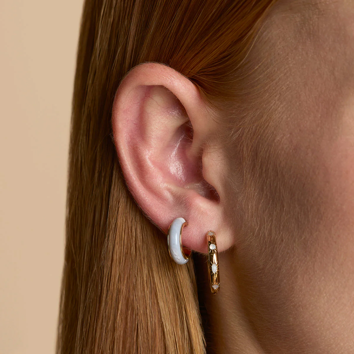 Blue Lace Agate Stone Hoops in Gold - Image 3
