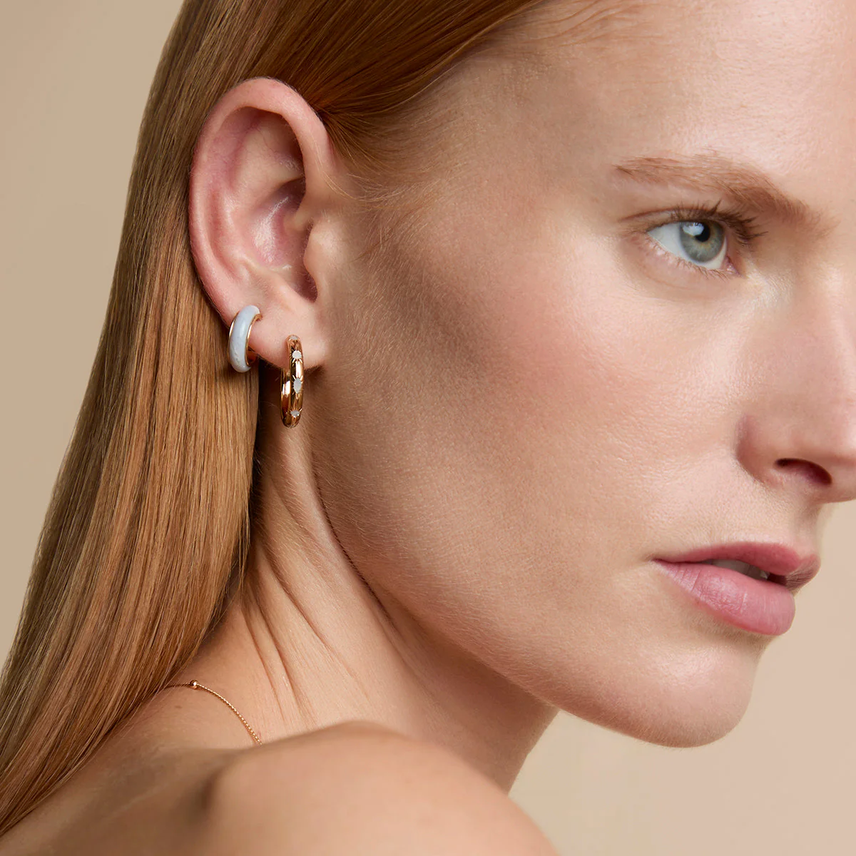 Blue Lace Agate Stone Hoops in Gold - Image 4