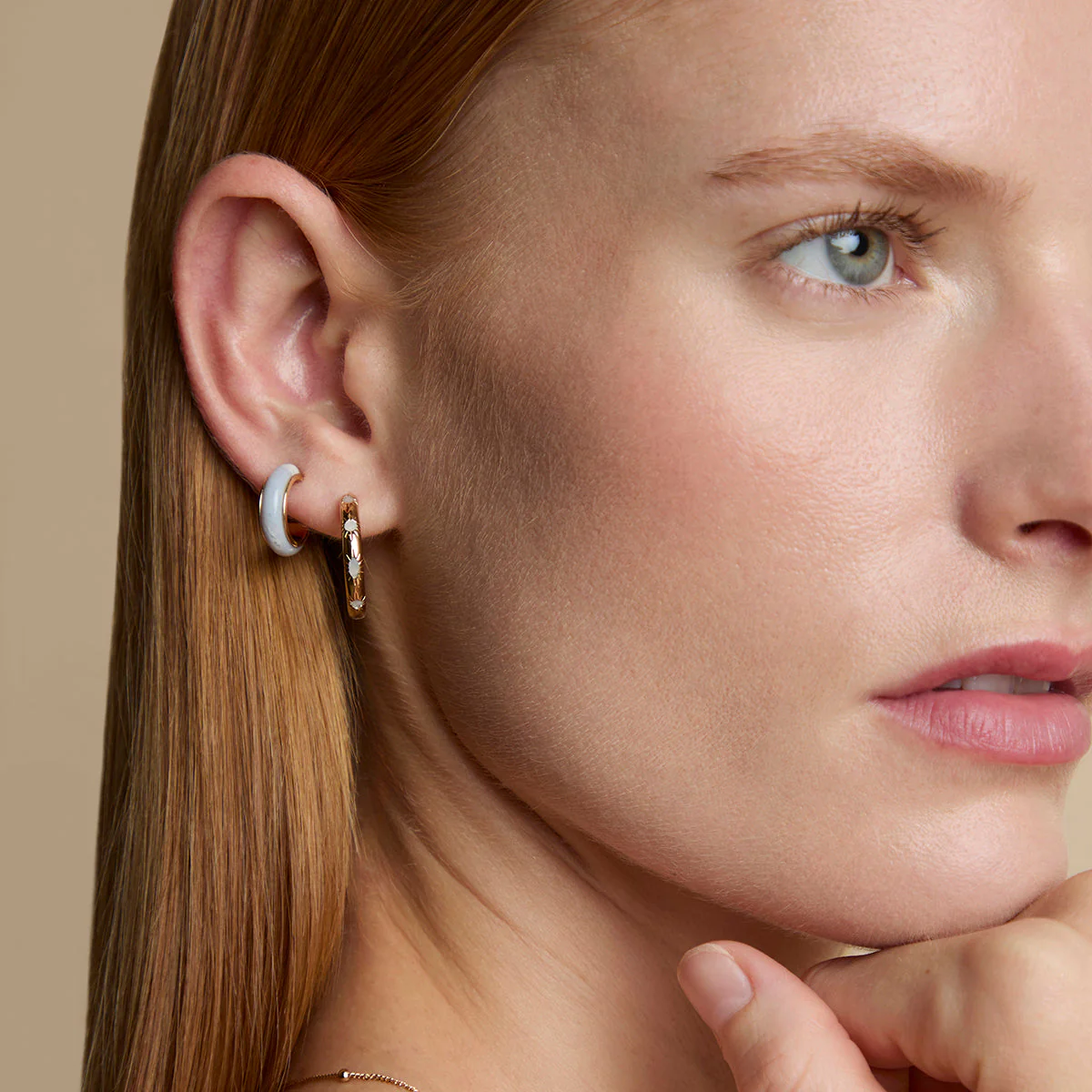 Blue Lace Agate Stone Hoops in Gold - Image 5