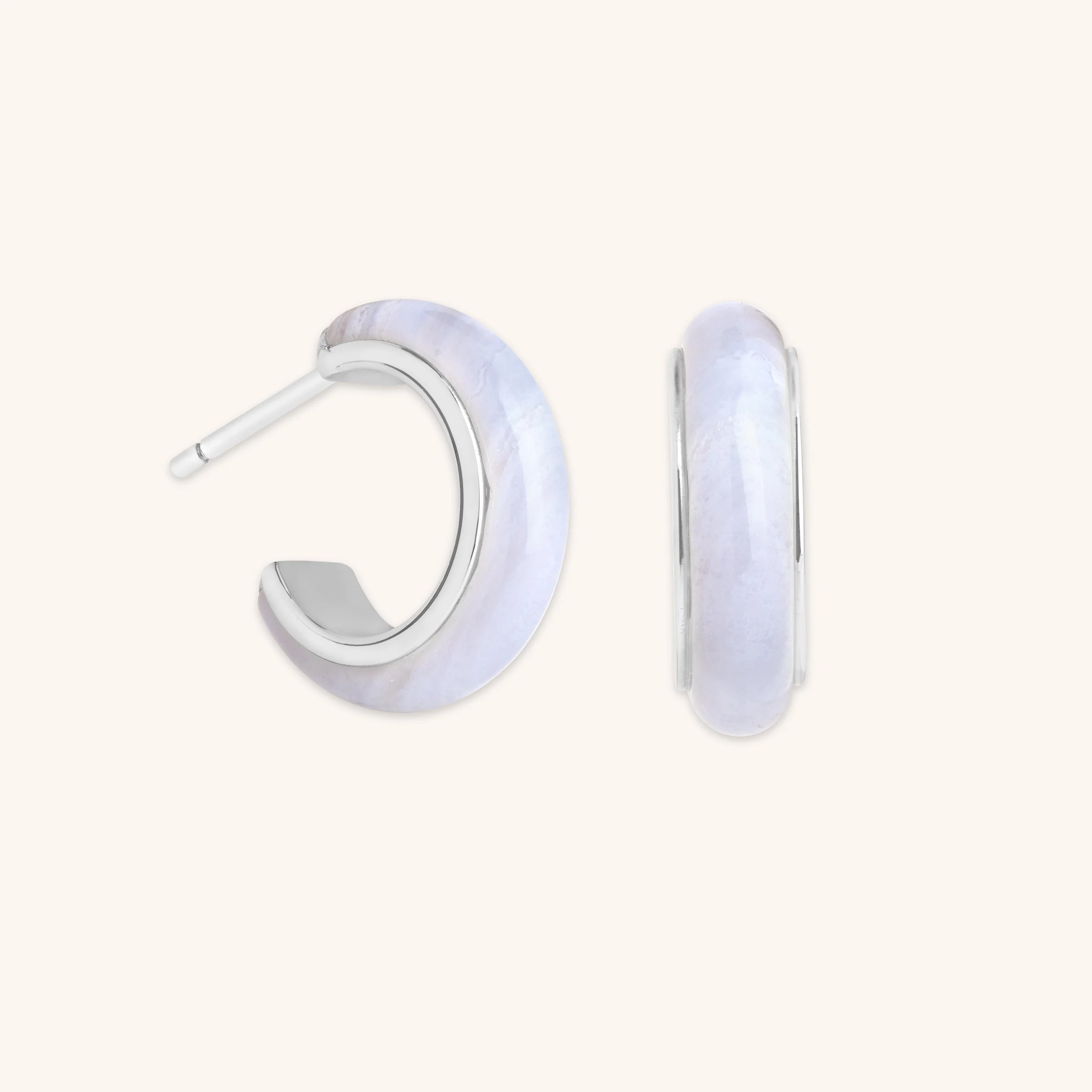 Blue Lace Agate Stone Hoops in Silver