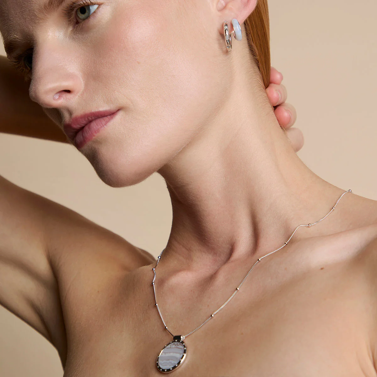 Blue Lace Agate Stone Hoops in Silver - Image 6
