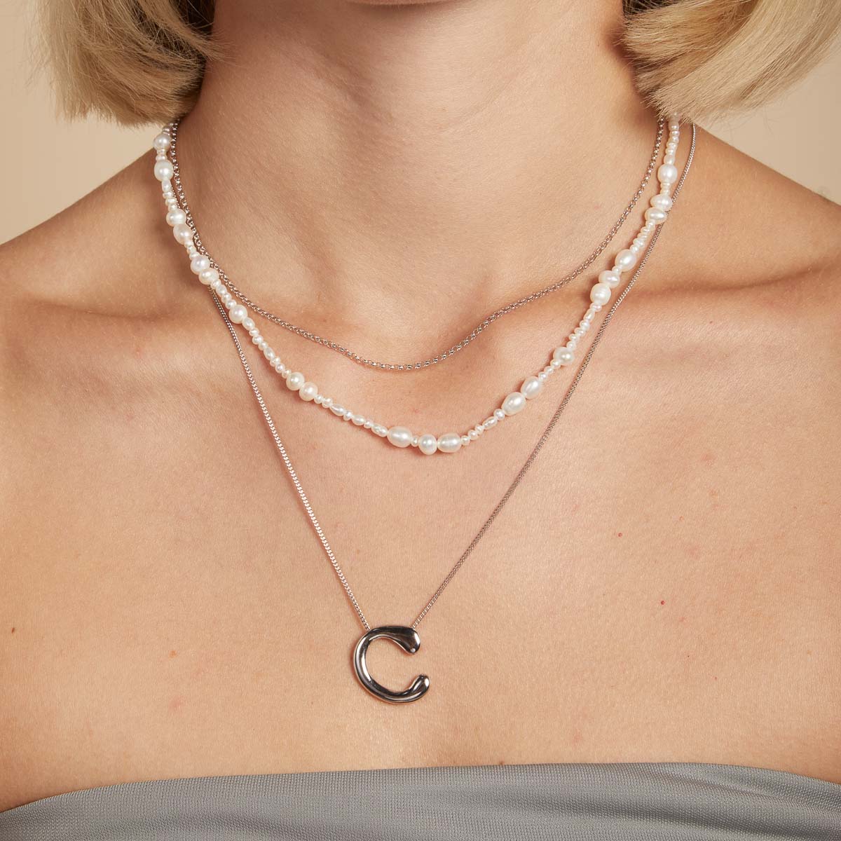 C Initial Bold Pendant Necklace in Silver - Image 3