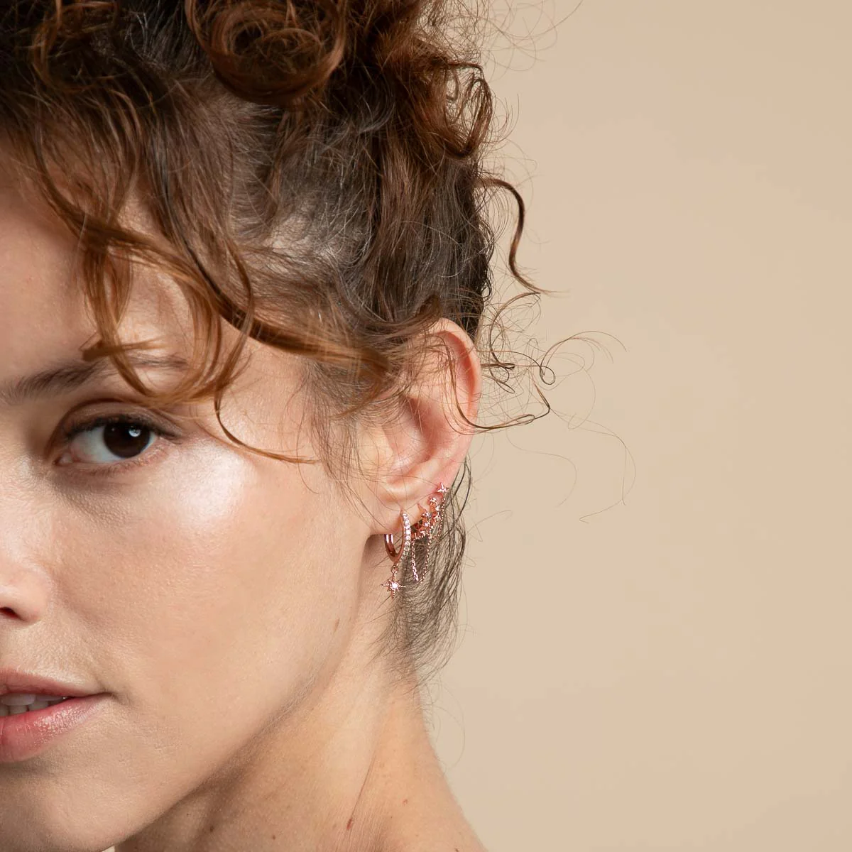Cosmic Star Chain Stud Earrings in Rose Gold - Image 3