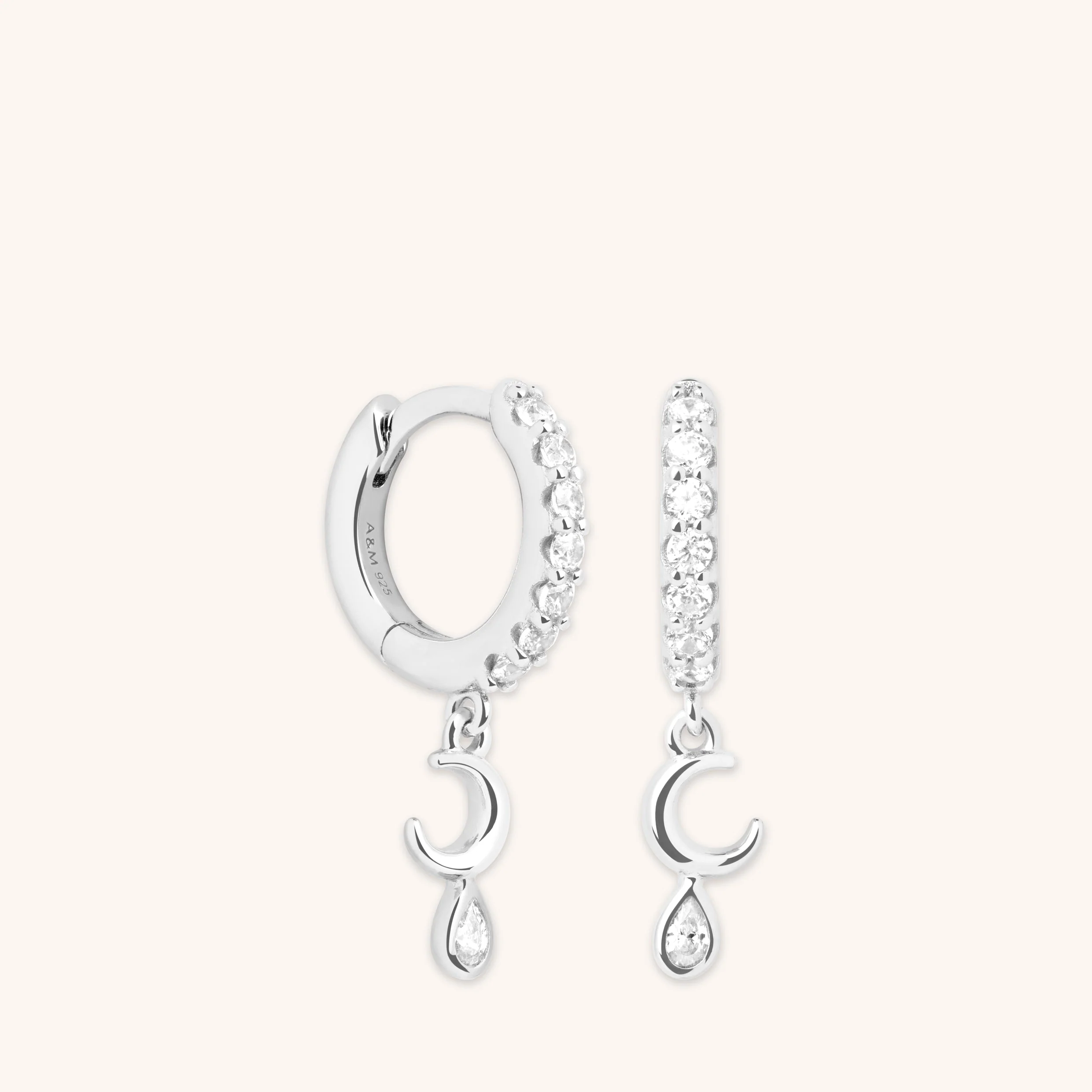 Crescent Moon Charm Huggies in Silver