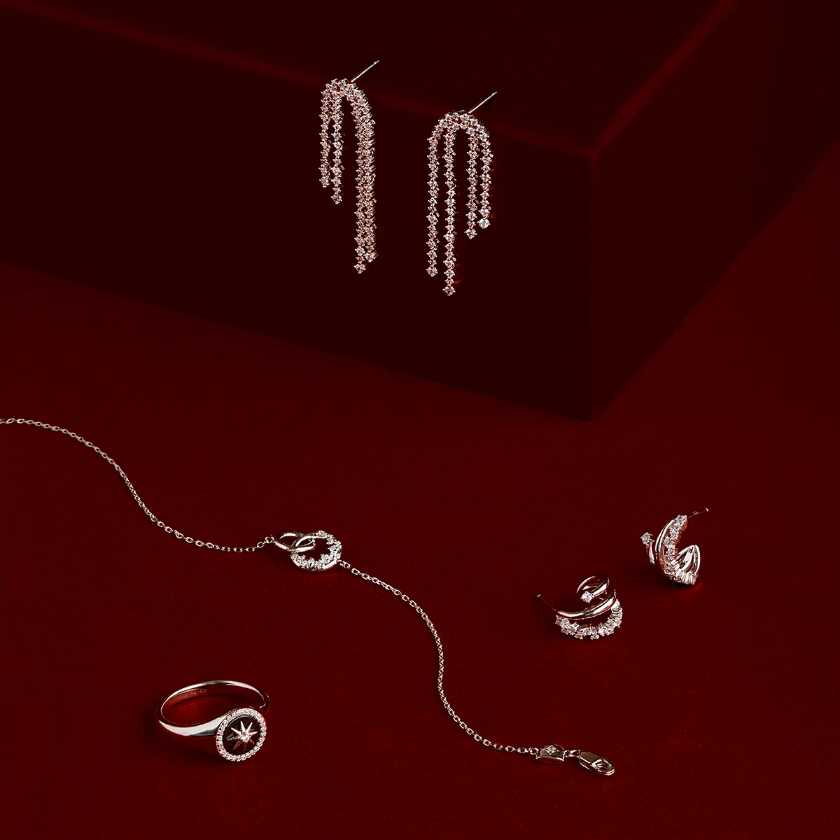 Crystal Scatter Drop Studs in Silver - Image 4