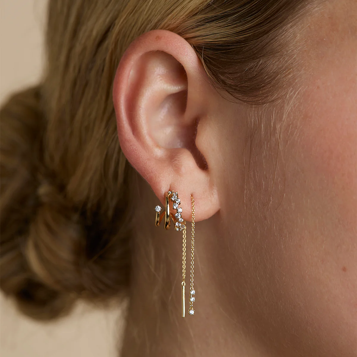 Crystal Thread Through Earrings in Gold - Image 2