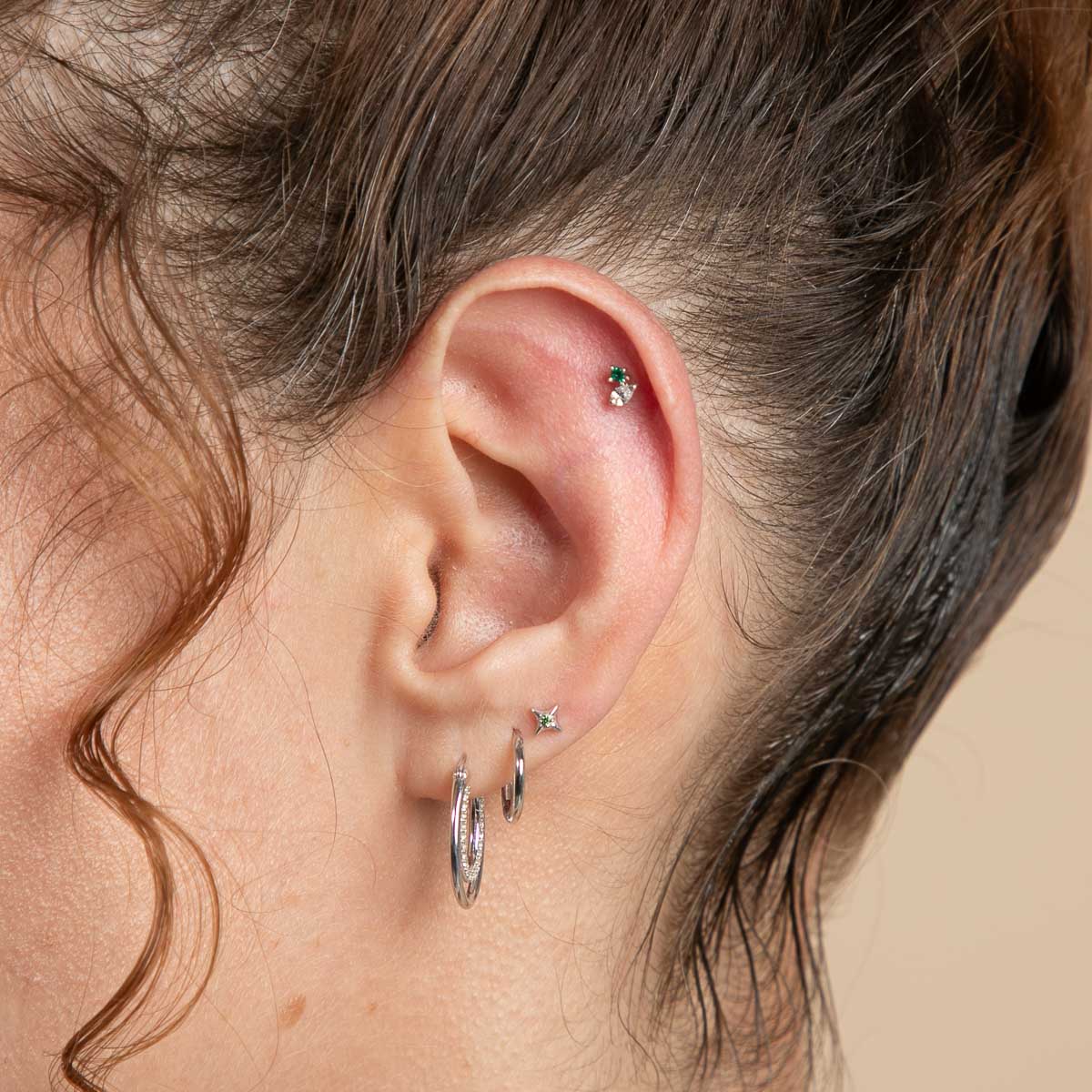 Diamond & Emerald Pear Piercing Stud in Solid White Gold - Image 2