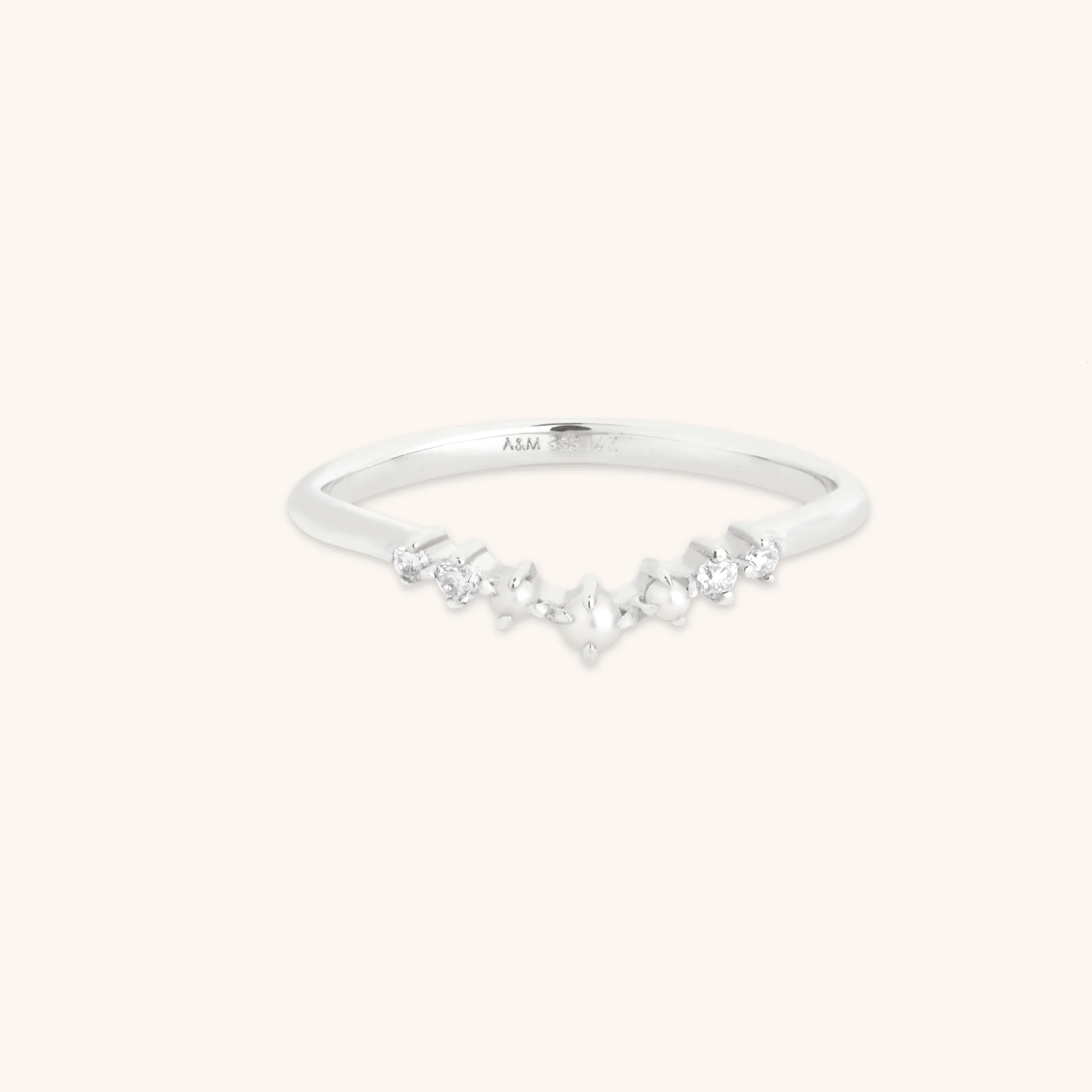 Diamond & Pearl Band Ring in Solid White Gold