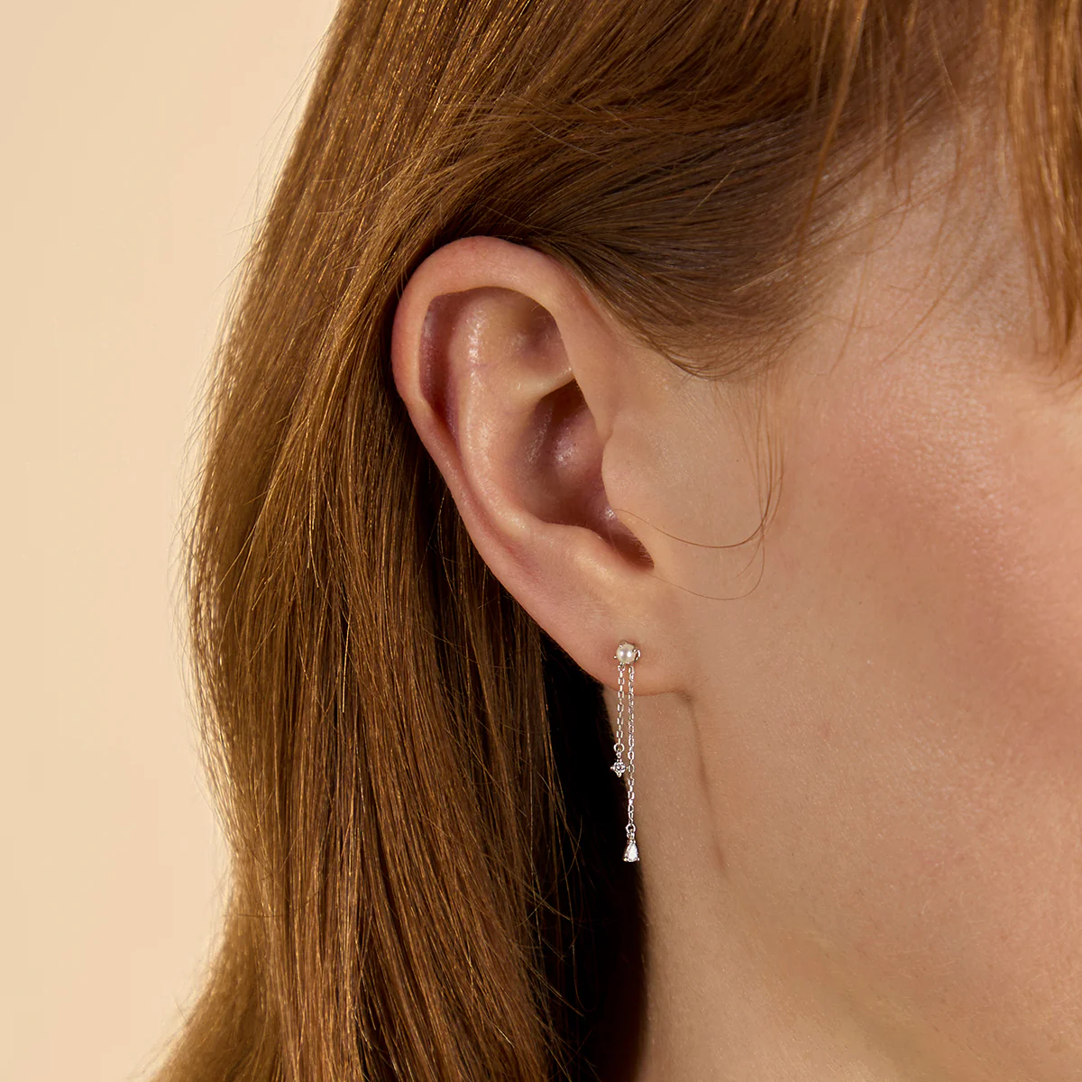 Diamond & Pearl Chain Studs in Solid White Gold - Image 3