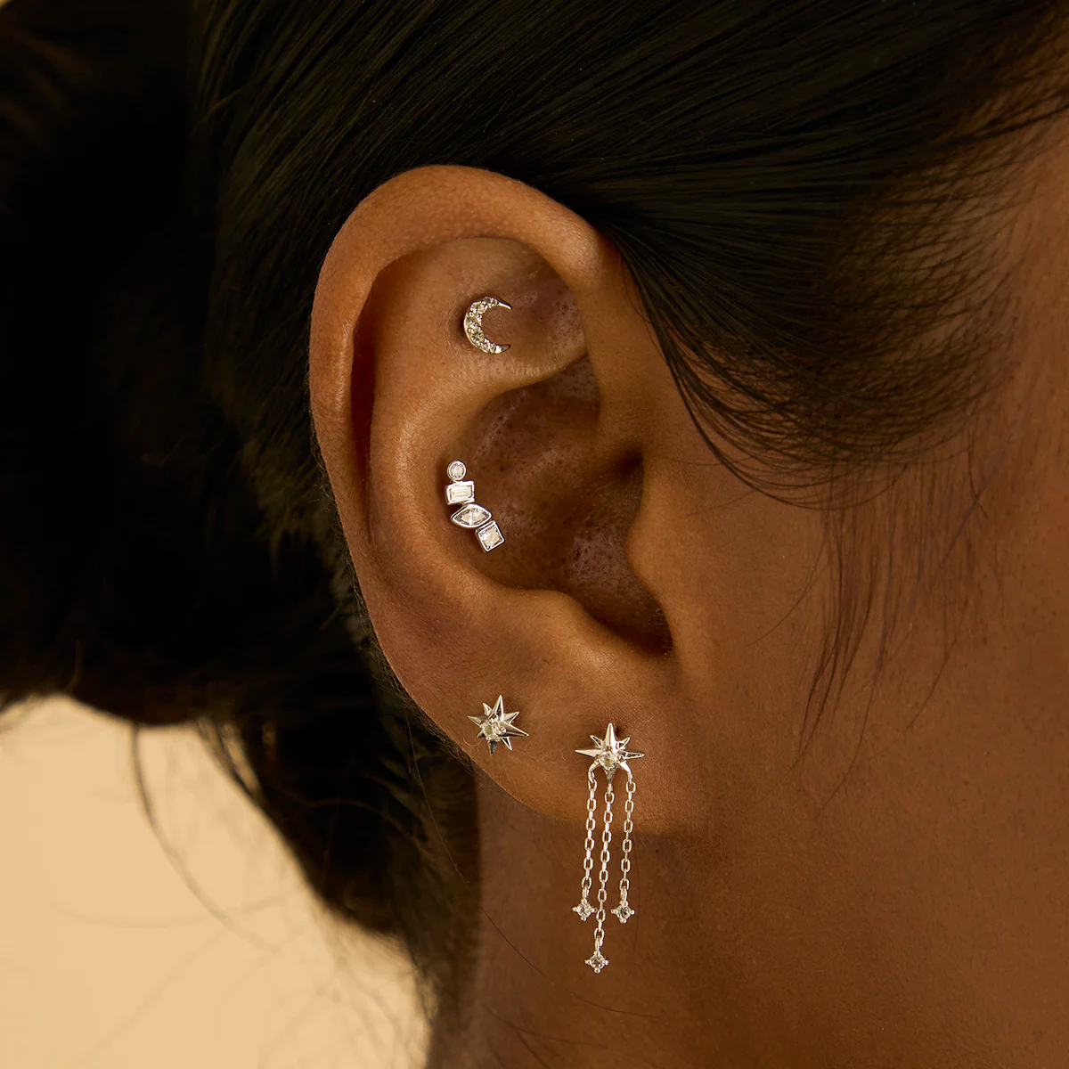 Diamond Bezel Cluster Piercing Stud in Solid White Gold - Image 3