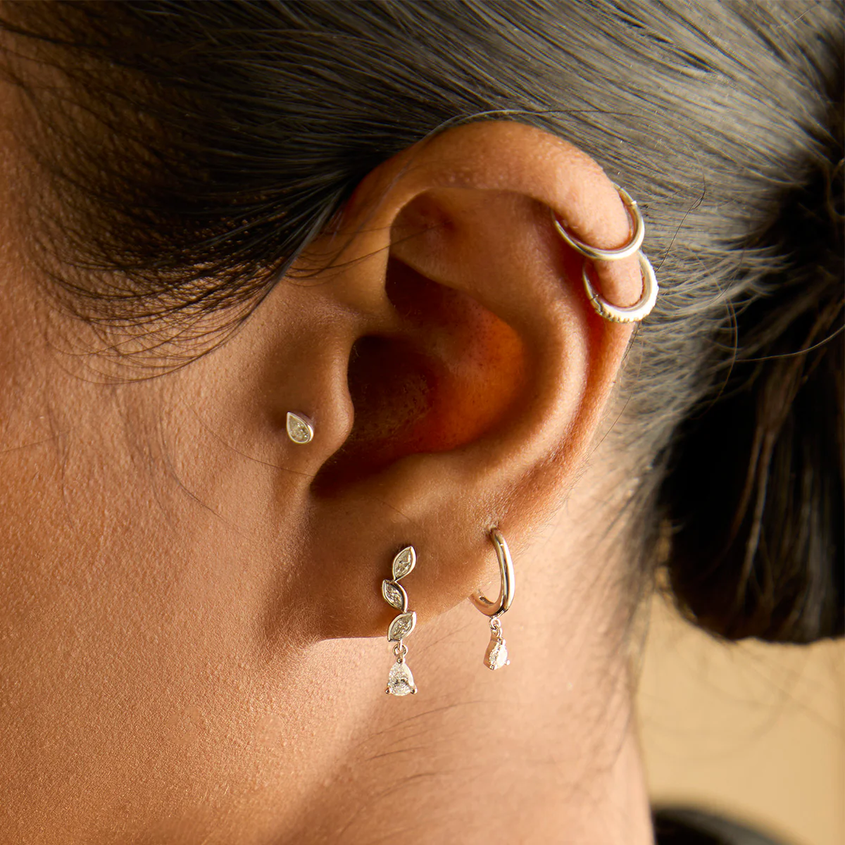 Diamond Bezel Pear Piercing Stud in Solid White Gold - Image 3