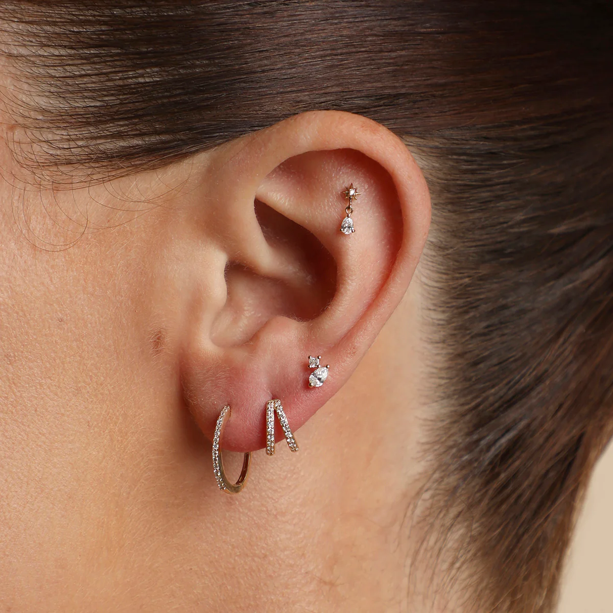Diamond Double Gem Piercing Stud in Solid Gold - Image 3