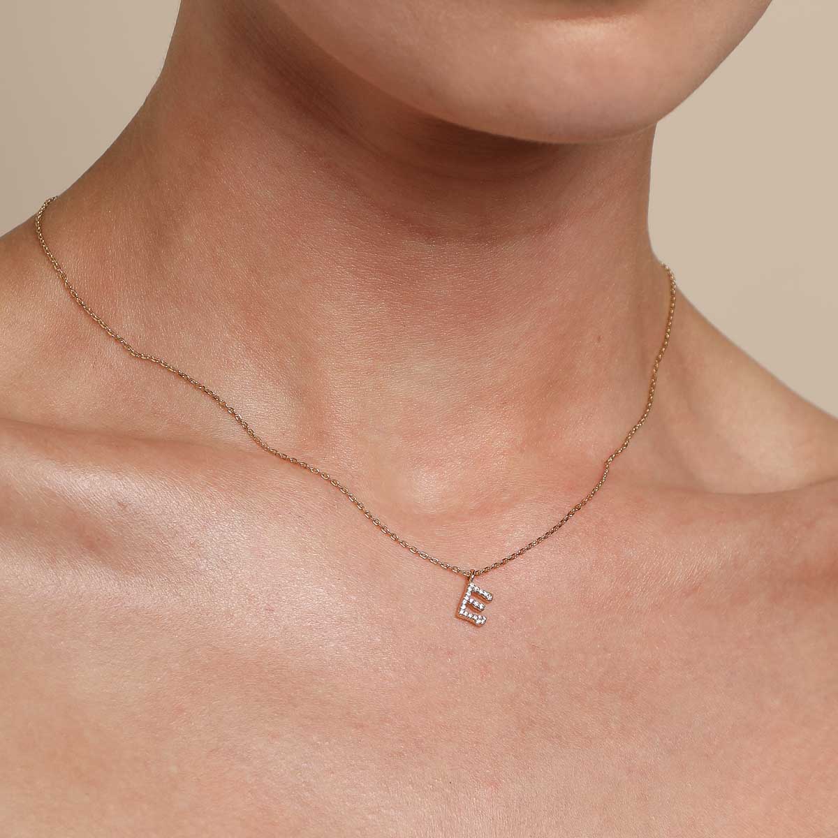 E Initial Pavé Pendant Necklace in Gold - Image 2