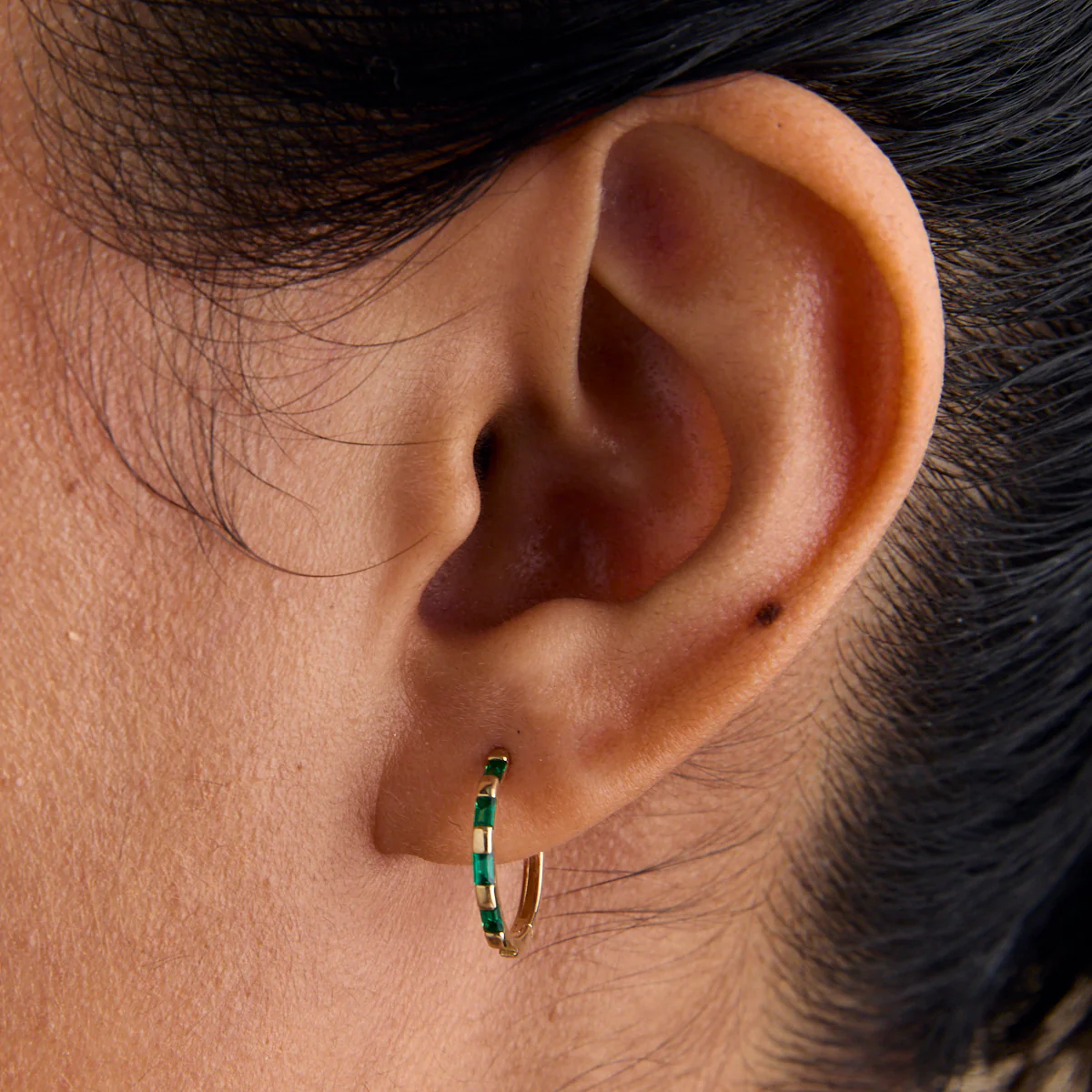 Emerald Baguette Hoops in Solid Gold - Image 2