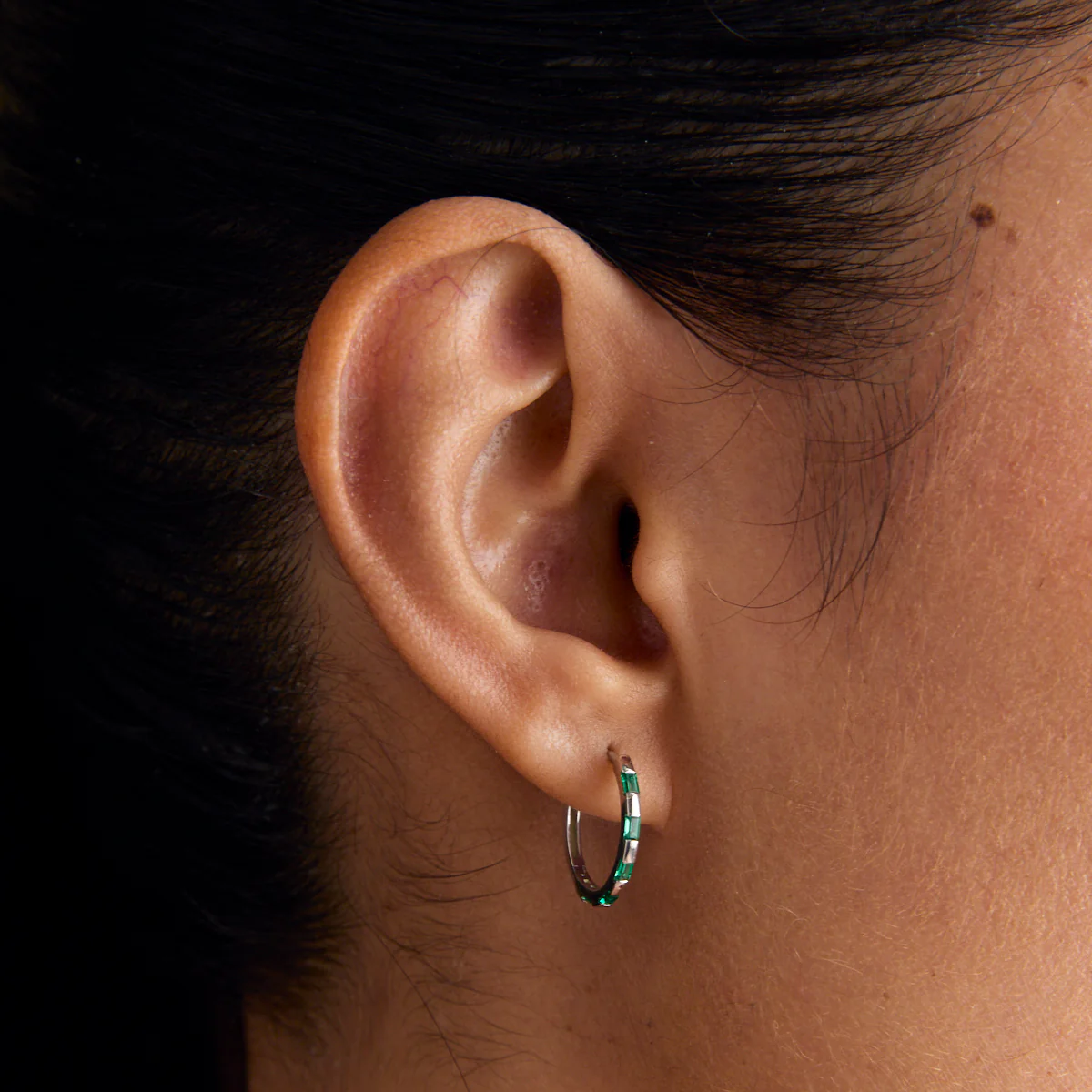 Emerald Baguette Hoops in Solid White Gold - Image 2