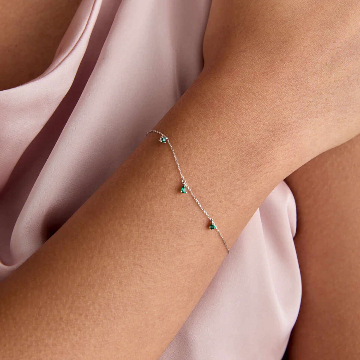 Emerald Charm Bracelet in Solid White Gold - Image 2