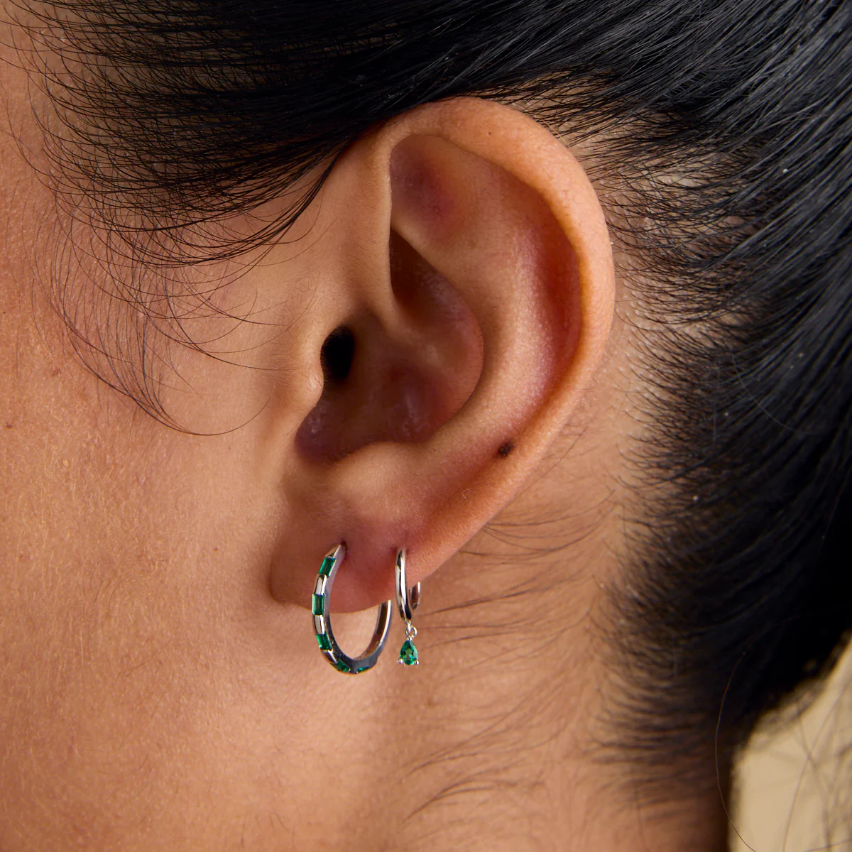 Emerald Pear Charm Huggies in Solid White Gold - Image 3