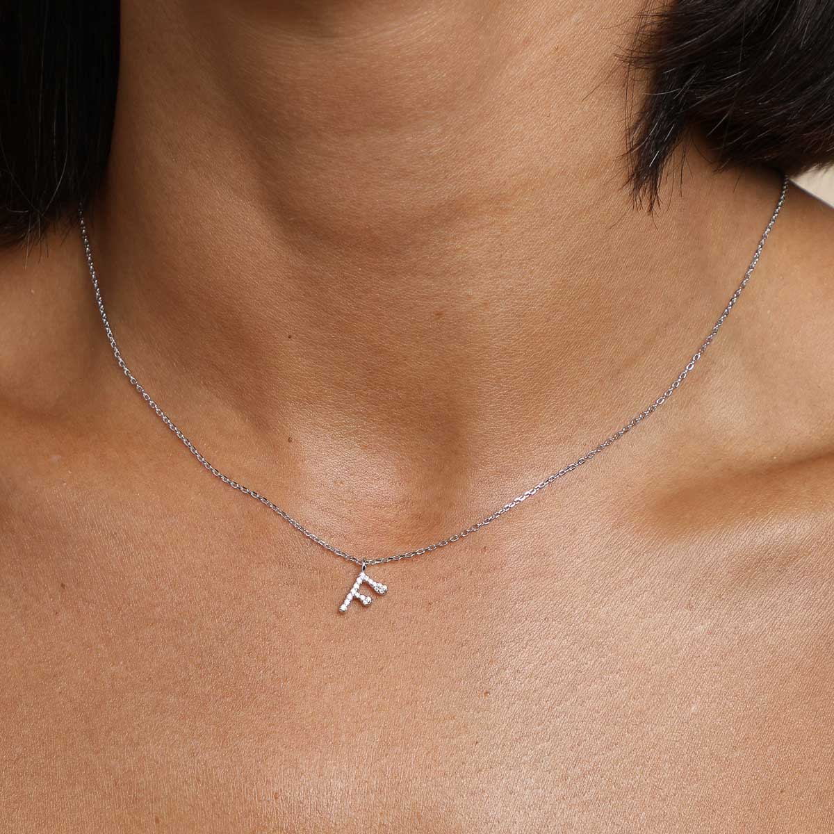 F Initial Pavé Pendant Necklace in Silver - Image 2