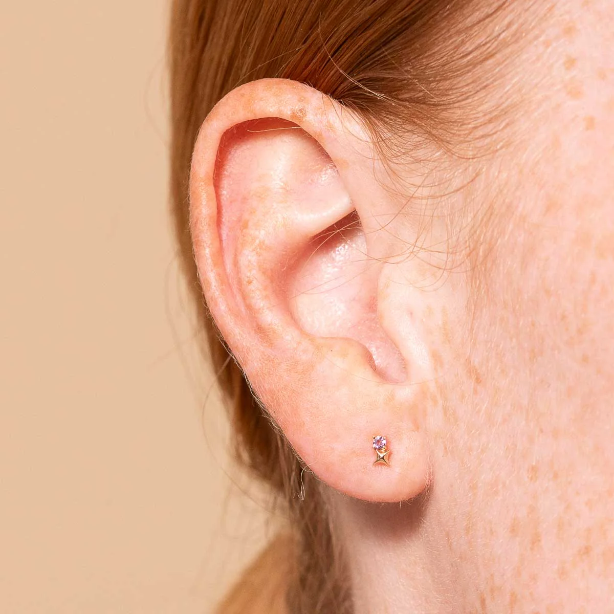 February Amethyst Birthstone Earrings in Solid Gold - Image 2