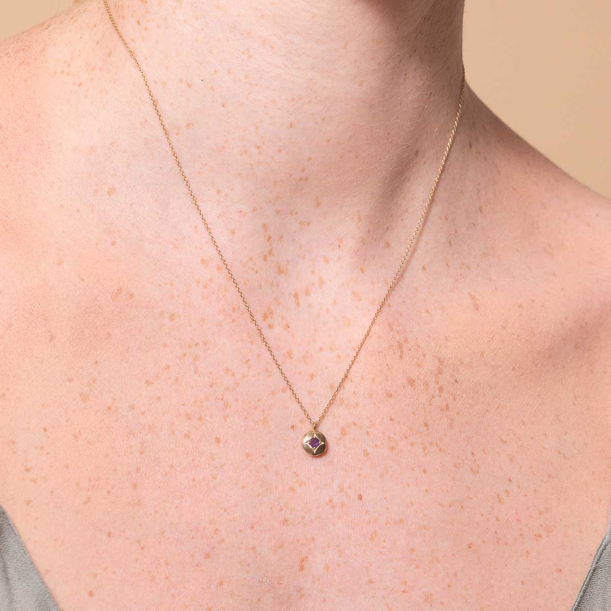 February Amethyst Birthstone Necklace in Solid Gold - Image 2