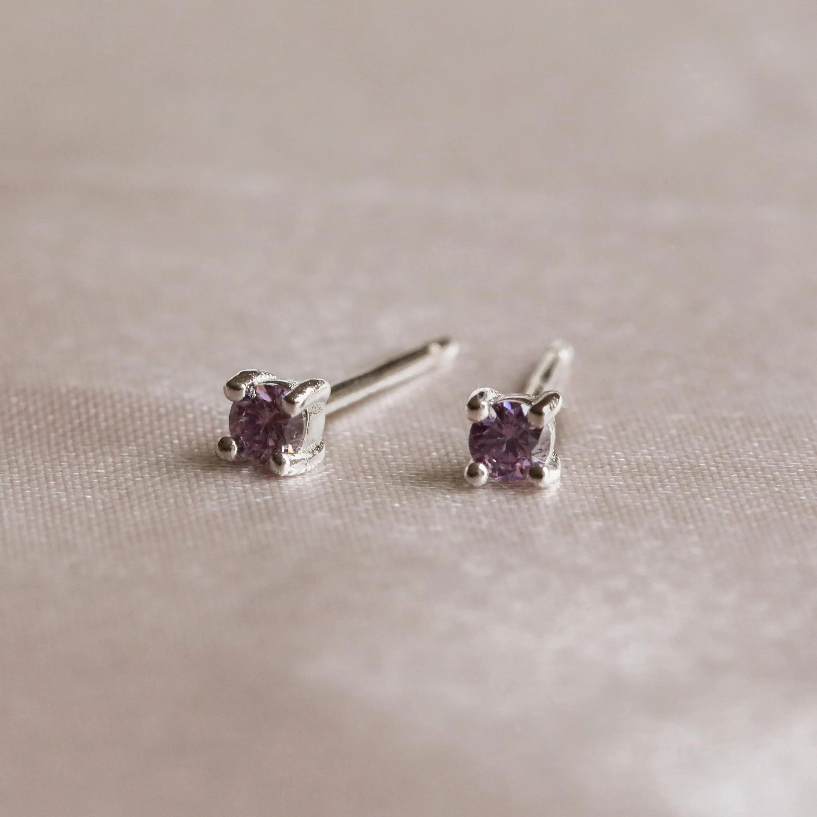 February Birthstone Stud Earrings in Silver with Amethyst CZ - Image 2