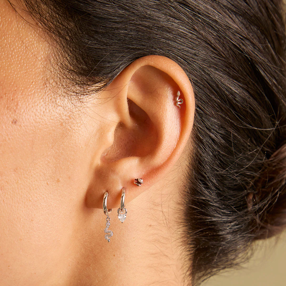 Garnet Heart & Snake Piercing Stud in Solid White Gold - Image 2