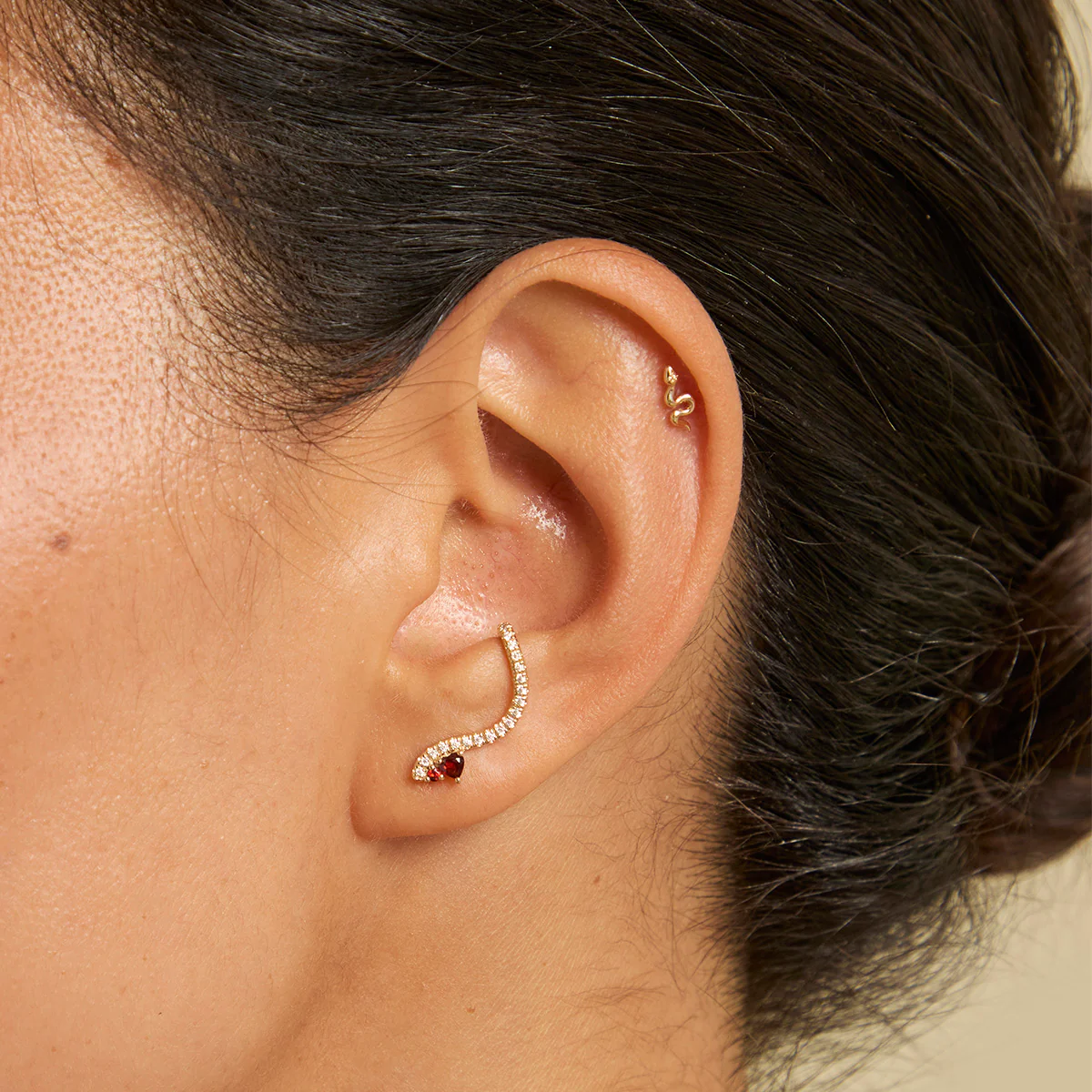 Garnet Serpent Climber Studs in Gold - Image 3