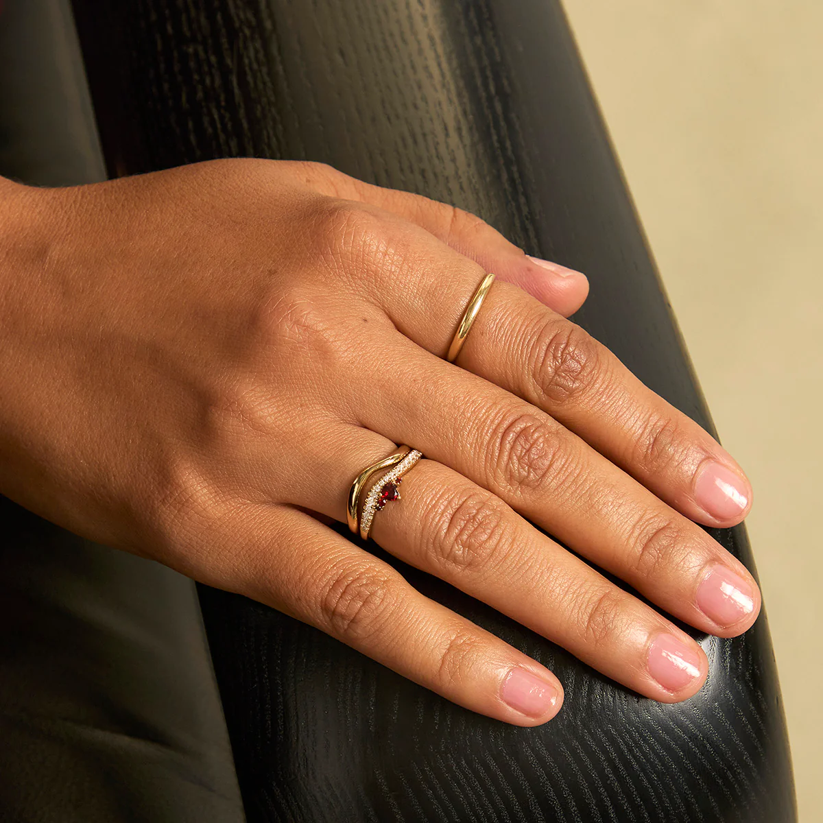 Garnet Serpent Wave Ring in Gold - Image 3