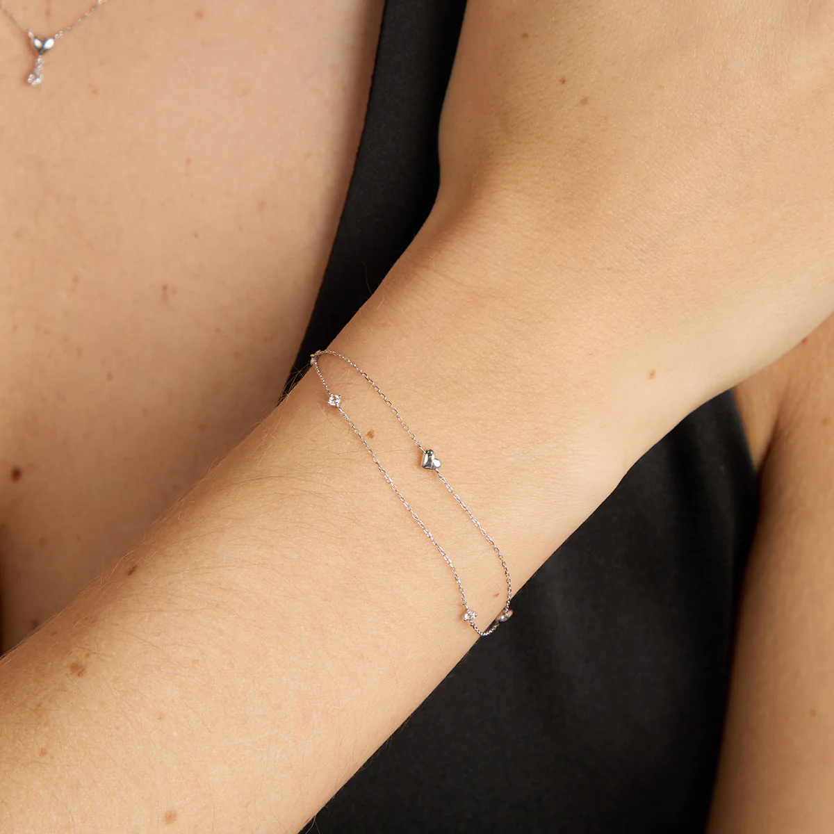Heart Charm Double Chain Bracelet in Solid White Gold - Image 2
