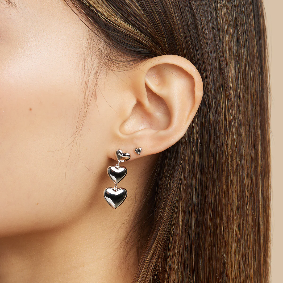 Heart Drop Stud Earrings in Silver - Image 2