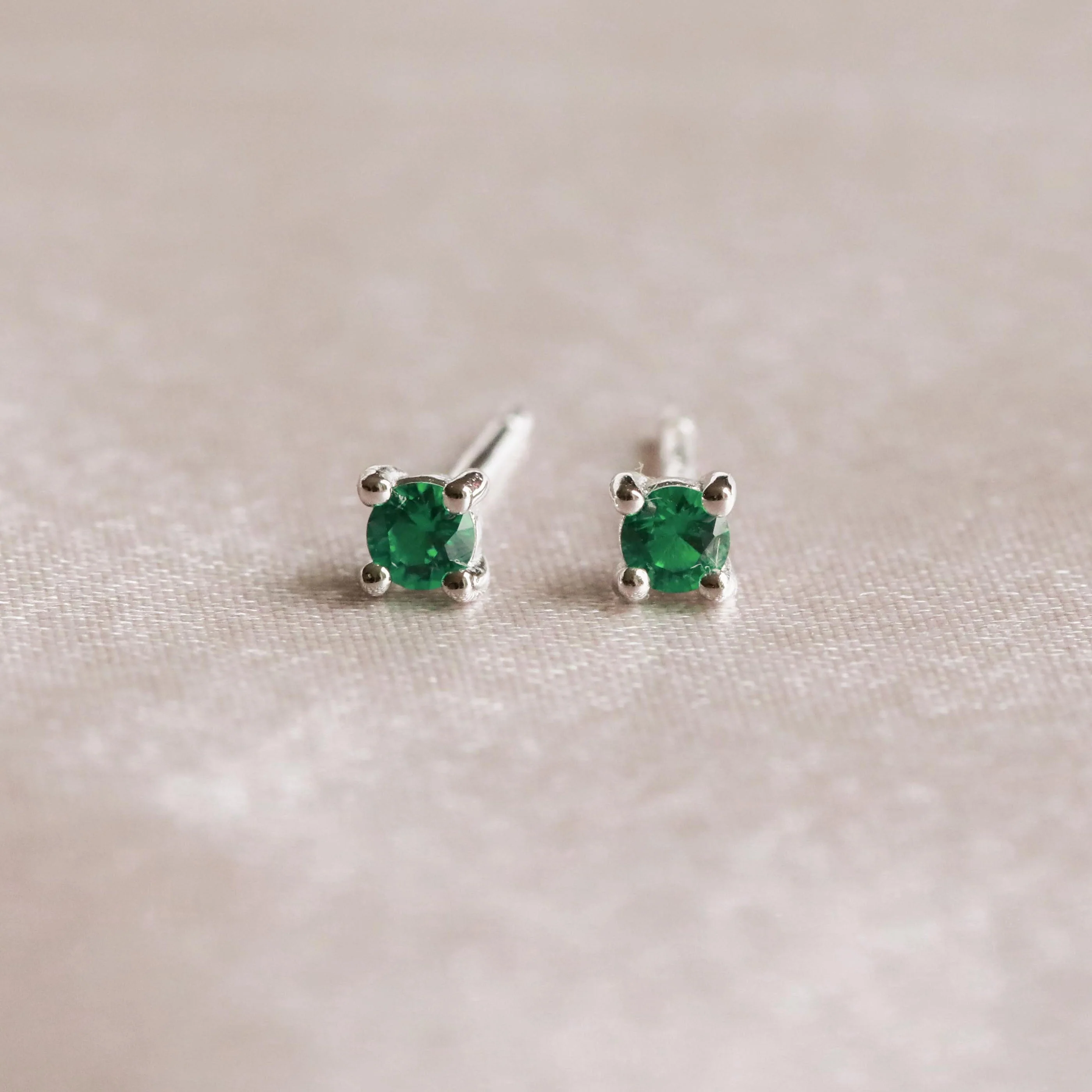 May Birthstone Stud Earrings in Silver with Emerald CZ - Image 3