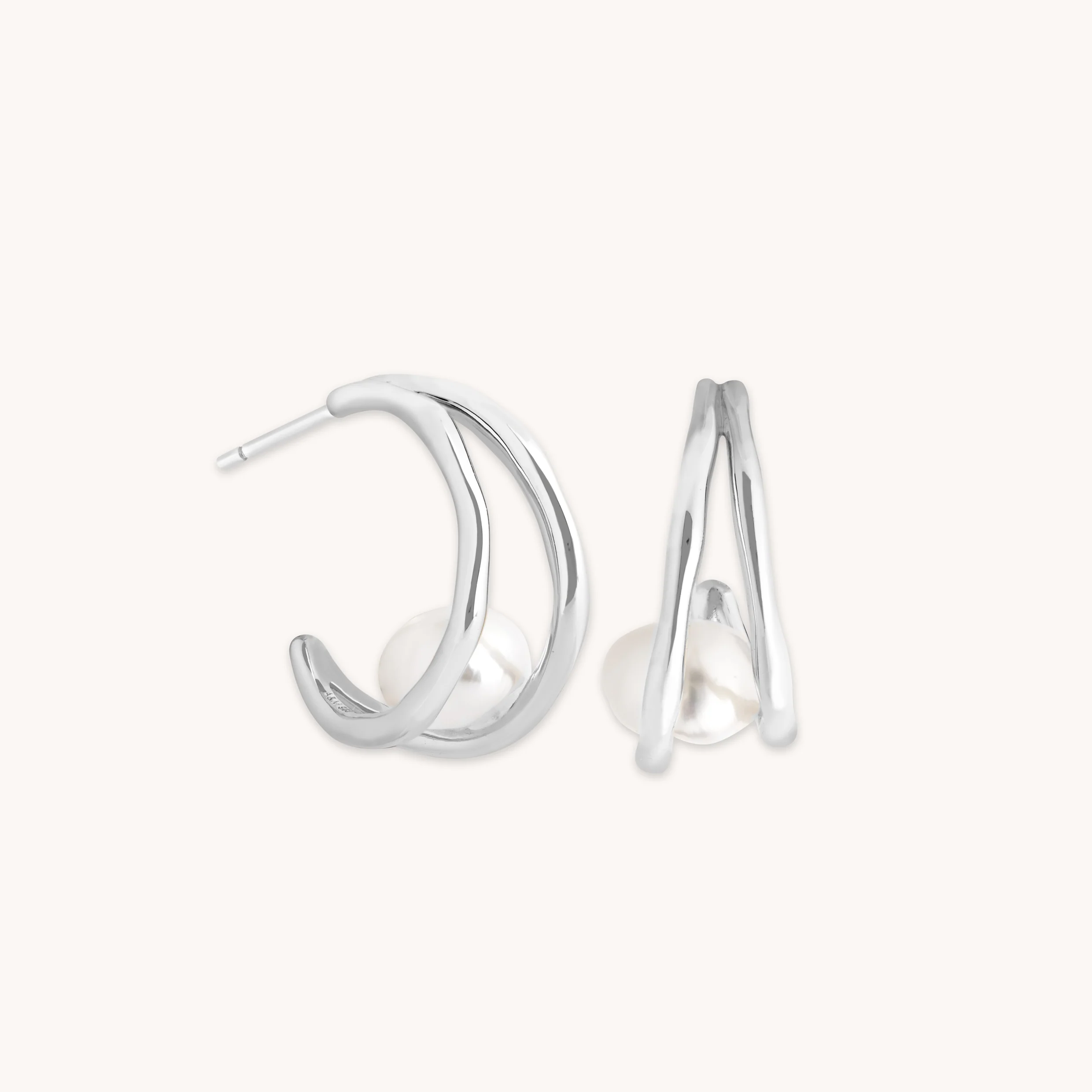 Molten Illusion Pearl Hoops in Silver