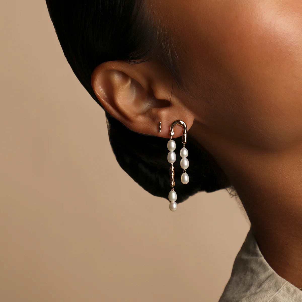 Molten Pearl Drop Studs in Gold - Image 3