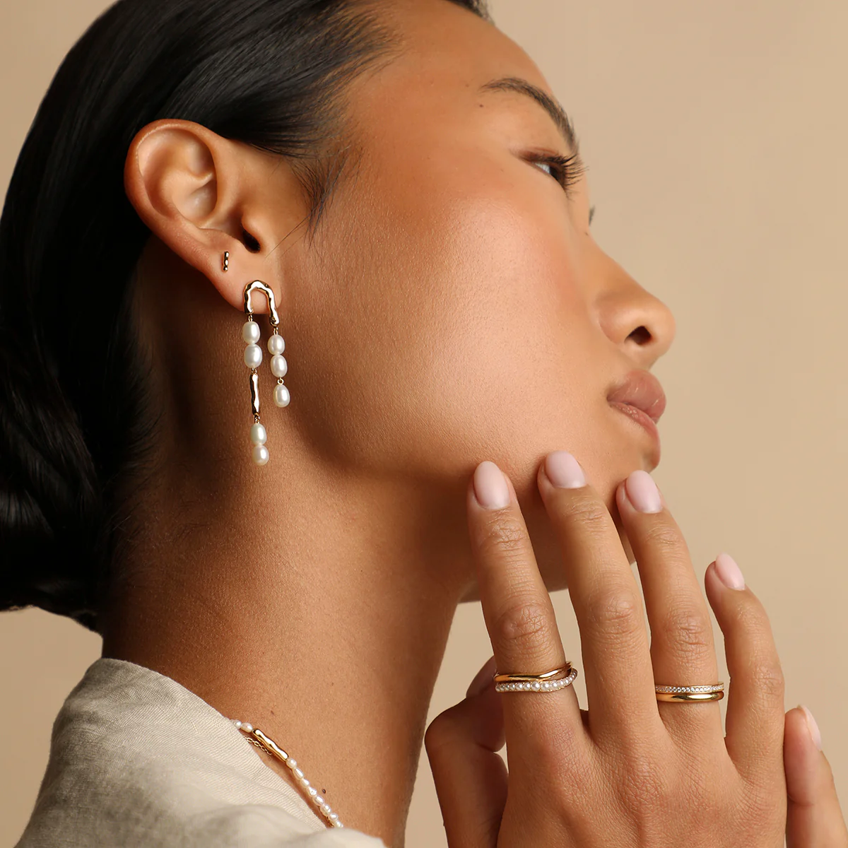 Molten Pearl Drop Studs in Gold - Image 5