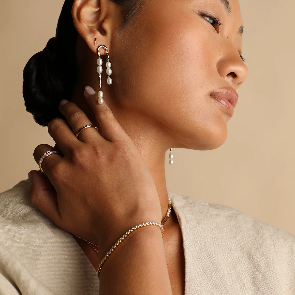 Molten Pearl Drop Studs in Gold - Image 6