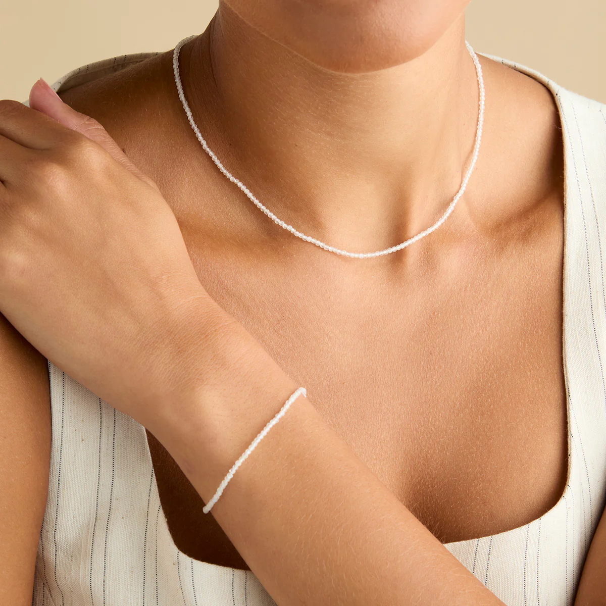 Moonstone June Beaded Birthstone Necklace in Solid Gold - Image 3