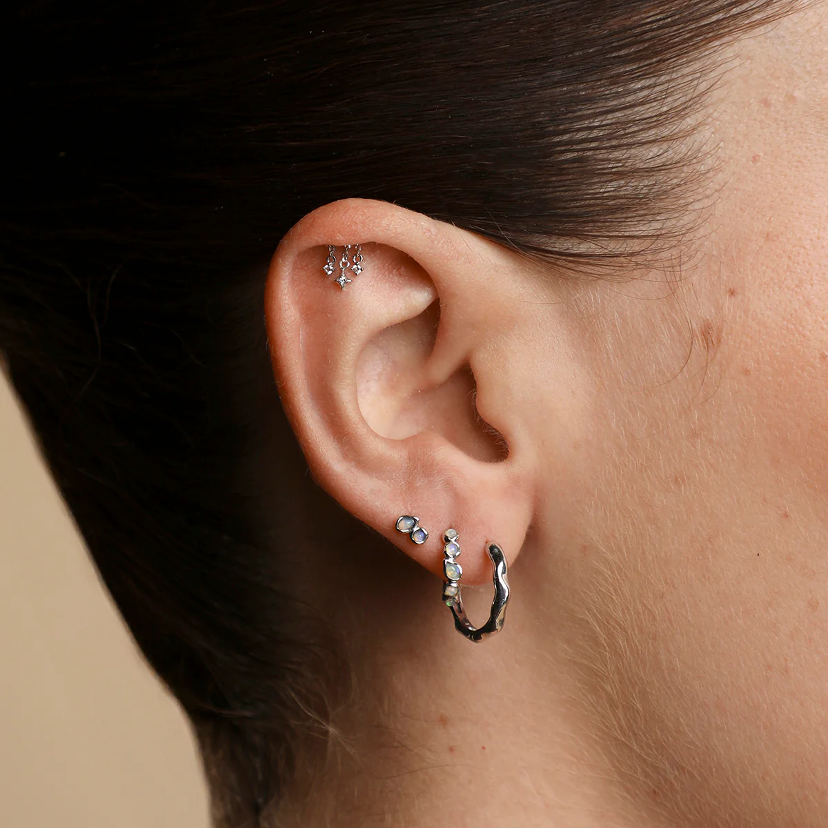 Opal Pear Bezel Huggies in Solid White Gold - Image 3