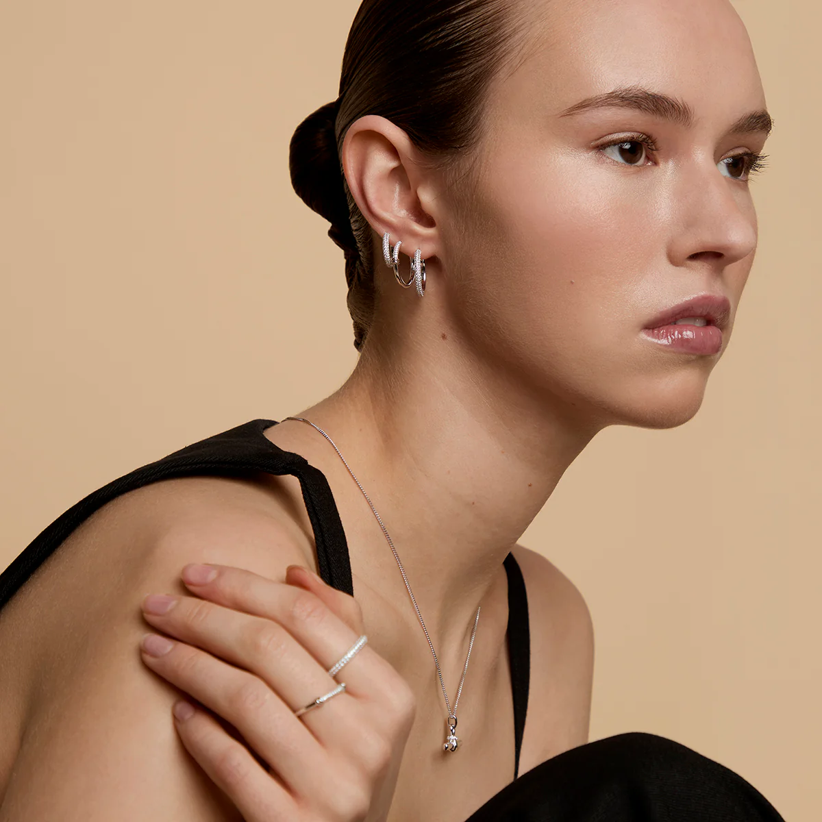 Pavé Essential Small Hoops in Silver - Image 5