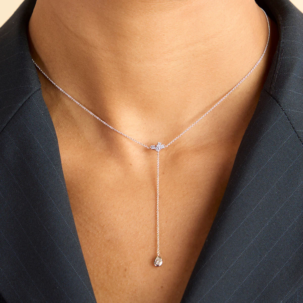 Pear Bezel Lariat Necklace in Silver - Image 2