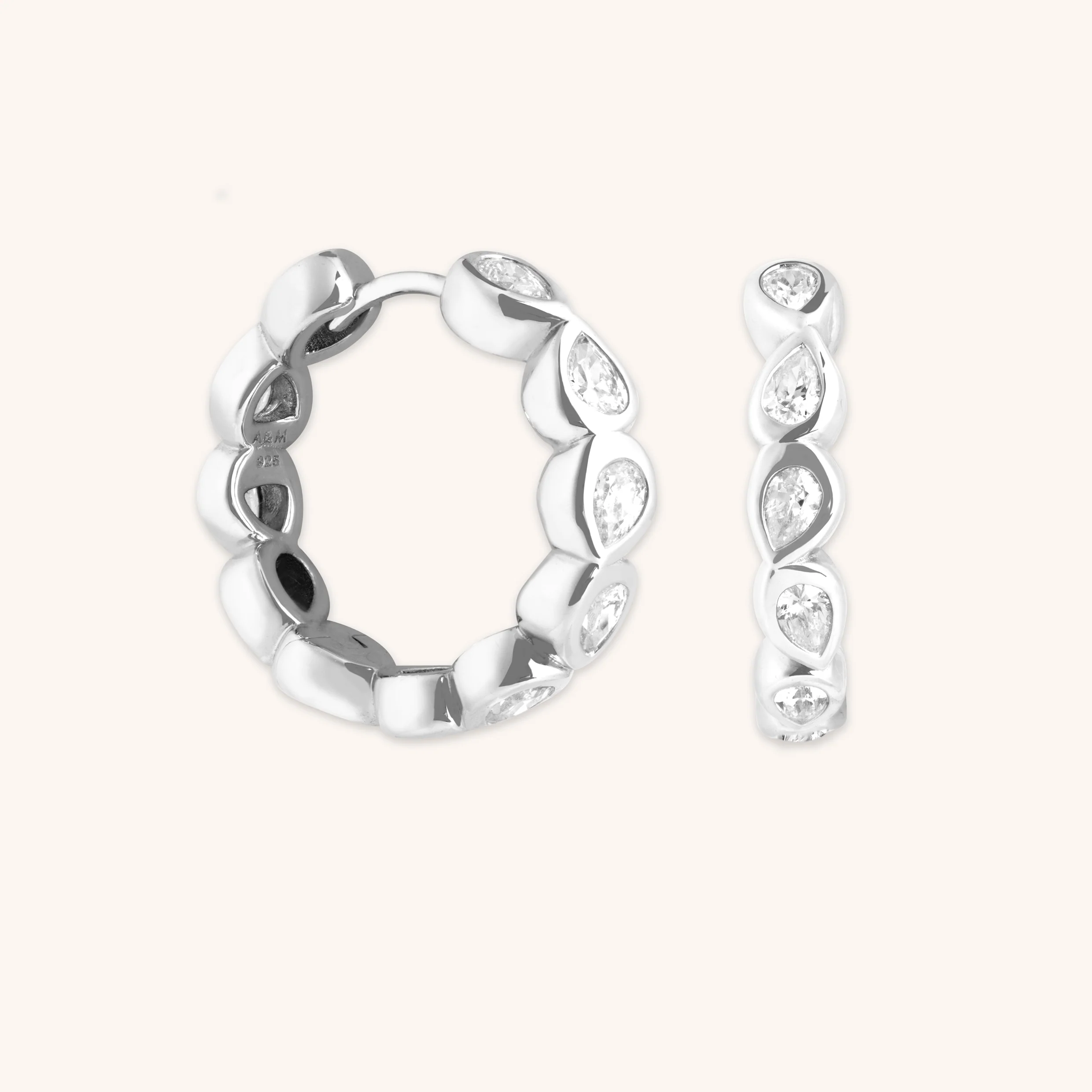 Pear Crystal Bezel Hoops in Silver