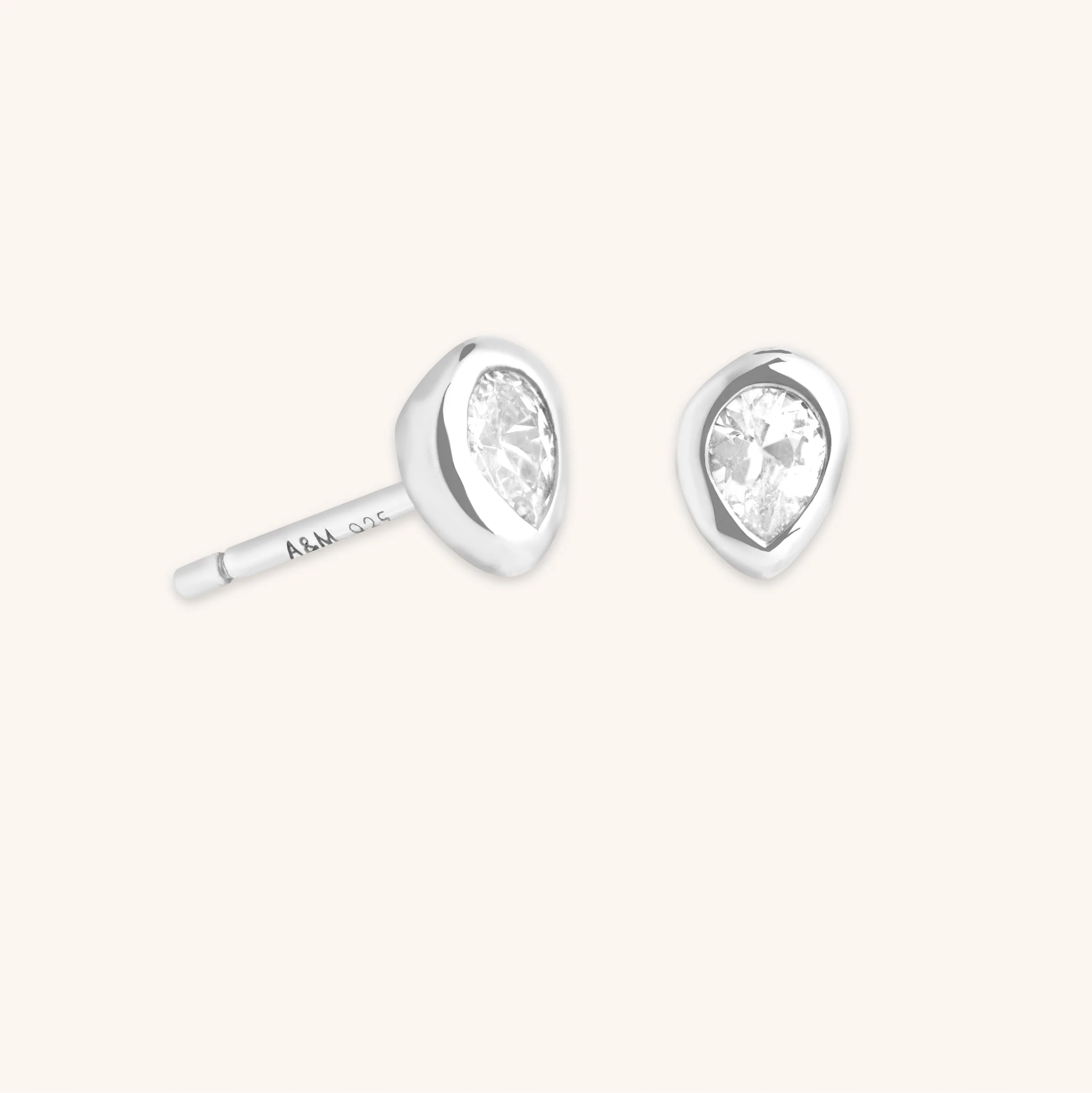 Pear Crystal Bezel Studs in Silver
