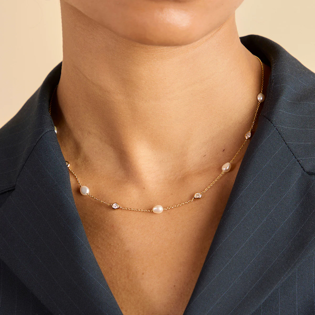 Pearl & Crystal Charm Necklace in Gold - Image 2