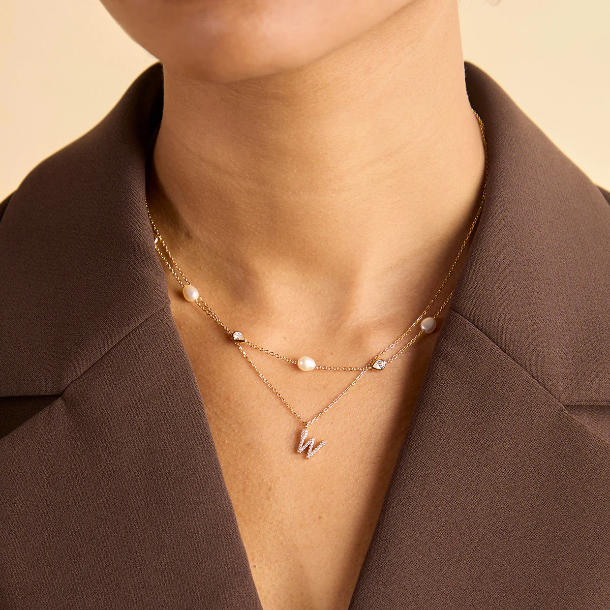 Pearl & Crystal Charm Necklace in Gold - Image 3