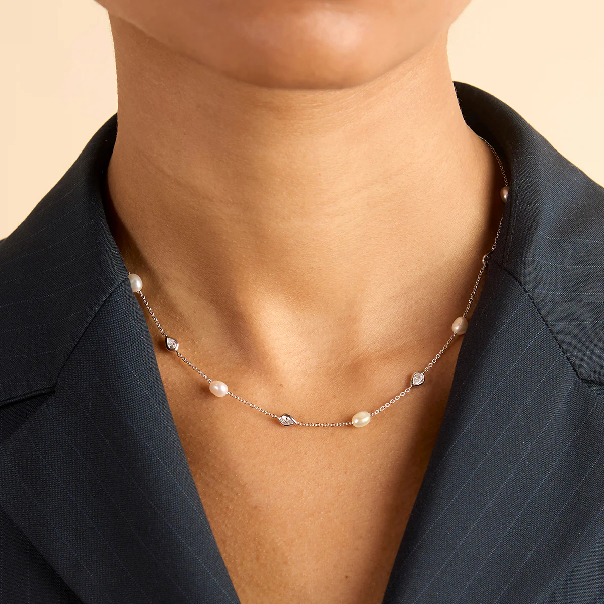 Pearl & Crystal Charm Necklace in Silver - Image 2